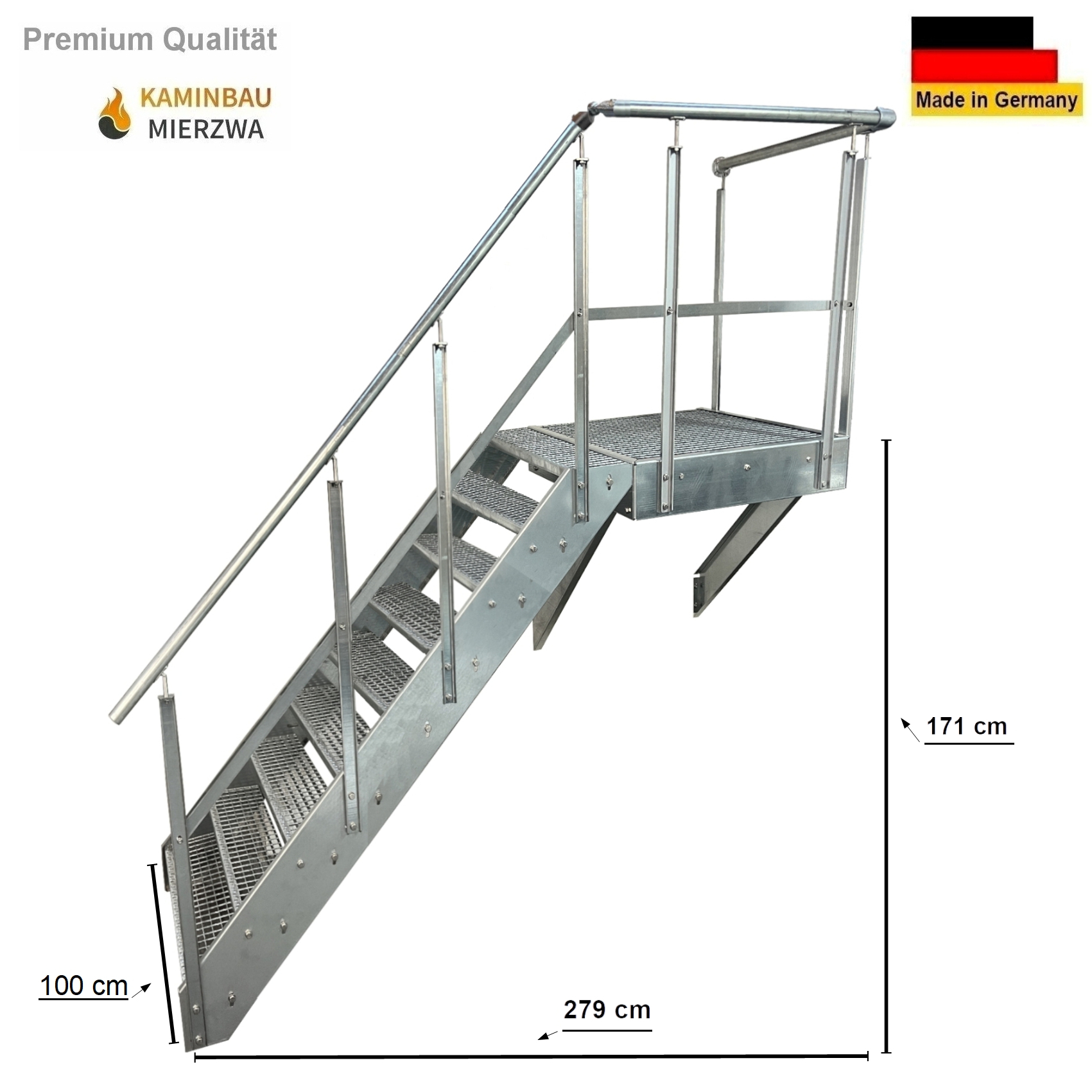 Stahltreppe 9 Stufen Hhe 171cm inklusive Podest 100x100cm mit Gelnder  komplett verzinkt Ausrichtung Treppe Links