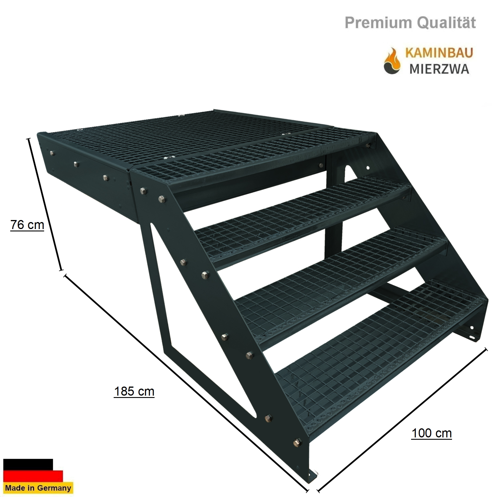 Stahltreppe Anthrazit 4 Stufen Höhe 76cm inkl Podest 100x100cm Außen Podestreppe